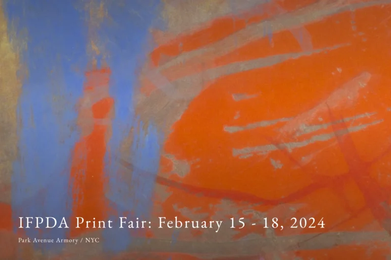 Image of an abstract print that features saturated orange and blue gestures over a neutral, taupe and mauve background.
